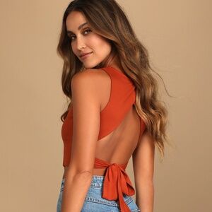 Lulus Let's Tie It Rust Orange Tie-back Cropped Tank Top - Size M